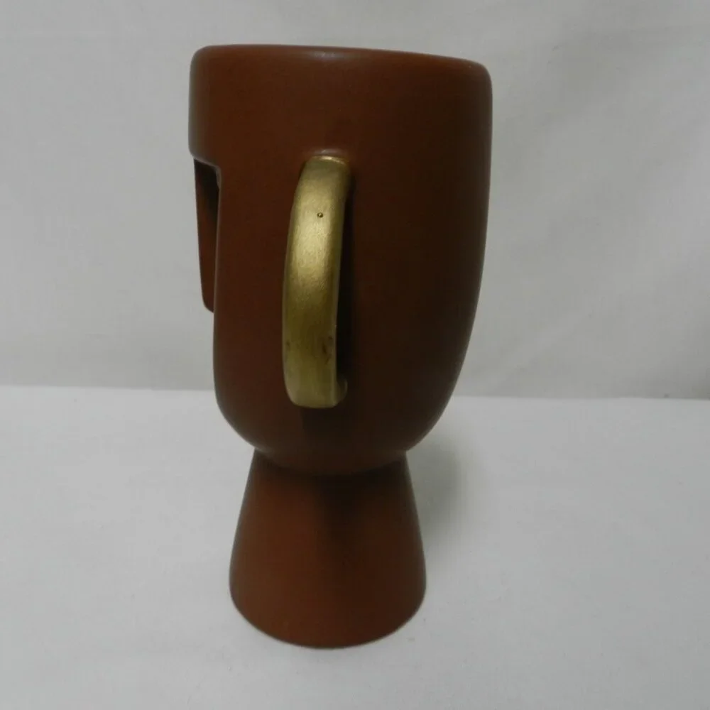 Abstract Face Ceramic Vase double handles brown gold 7